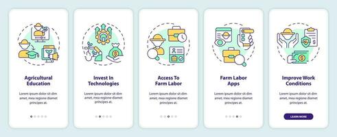 Addressing labor issues onboarding mobile app screen. Agriculture industry walkthrough 5 steps editable graphic instructions with linear concepts. UI, UX template vector