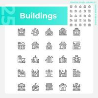 Pixel perfect black icons set representing various buildings, editable thin line illustration. vector