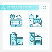 2D pixel perfect blue linear icons set representing various buildings, editable thin line illustration. vector