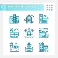 Pixel perfect blue icons representing various architecture, editable thin line illustration. vector