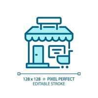 2d píxel Perfecto editable azul Tienda icono, aislado vector, edificio Delgado línea ilustración. vector