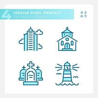 Blue icons set representing various buildings, editable thin line illustration. vector