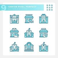 Set of pixel perfect blue icons set representing various buildings, editable thin line illustration. vector