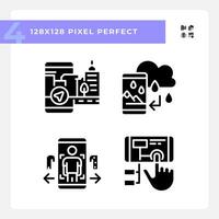 2D pixel perfect glyph style icons collection representing VR, AR and MR, silhouette illustration. vector