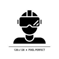 2D pixel perfect glyph style virtual reality simulator icon, isolated vector, silhouette illustration representing VR, AR and MR. vector