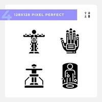 2D pixel perfect glyph style icons set representing VR, AR and MR, simple silhouette illustration. vector