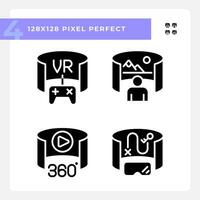 2D pixel perfect glyph style icons set representing VR, AR and MR, silhouette illustration. vector
