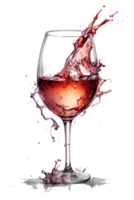 Red wine splashing out of a glass. Watercolor illustration. AI generative png