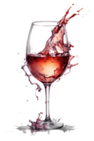 rojo vino salpicaduras fuera de un vaso. acuarela ilustración. ai generativo png