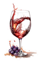 Red wine splashing out of a glass. Watercolor illustration. AI generative png