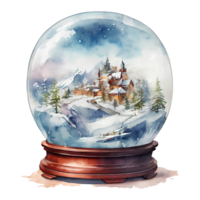 Snow globe with castle in the forest. Watercolor illustration. Christmas decoration. AI generative png