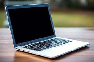 blank laptop on wooden tabletop photo