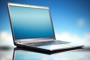 Blank laptop on a blue background. photo