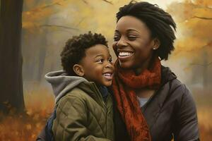 Portrait of happy african american mother and son in garden. motherhood, childhood, togetherness, autumn and leisure, AI Generated photo