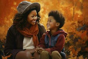 Portrait of happy african american mother and son in garden. motherhood, childhood, togetherness, autumn and leisure, AI Generated photo