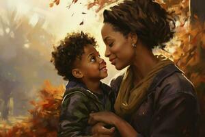 Portrait of happy african american mother and son in garden. motherhood, childhood, togetherness, autumn and leisure, AI Generated photo
