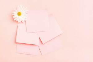 The concept is pink. Blank square small writing sheets and chrysanthemum on a pink background. Top view photo