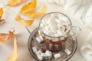 Warm cocoa with marshmallows in a cup and autumn leaves on the table photo