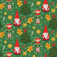 Christmas pattern with holiday Elf and gnome characters and Christmas tree. Flat cartoon characters gingerbread men and snowflakes on green background. Holiday design for for decoration, wrapping vector