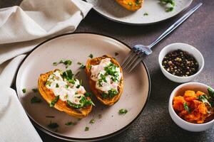 Baked sweet potato filled with ricotta, tomato and parsley on a plate photo