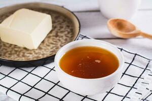 Fragrant melted brown butter for sauce in a bowl on the table photo