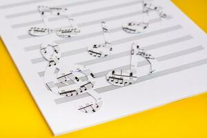 Blank sheet music and music notes cut from music text on yellow background photo
