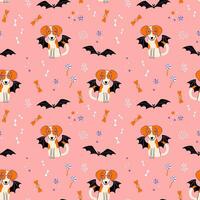 Halloween seamless pattern. Cute background with dog in a bat costume. Pet pawty. Flat style vector illustration.