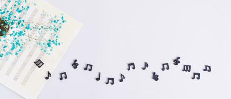 Music sheet, black musical notes and dried flowers on a light background top view web banner photo