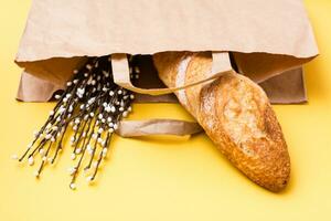 Food delivery concept. Bread and pussy willow bouquet in paper bag on yellow background photo