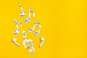 Wireless headphones and music notes cut from paper on a yellow background. Music imitation concept. Copy space photo