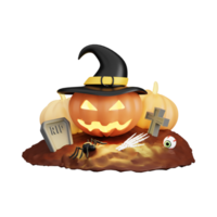 halloween 3d illustraties, lantaarn, zombie, heksen hoed, pompoen, ketel, oogbol, weerwolf, geest, vol maan, kist, knuppel, vampier, skelet, monster, heks, web, spin, halloween 3d hoog png. png