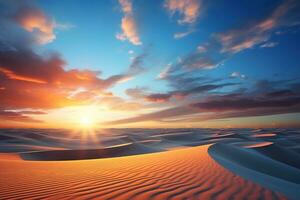 Sunset, dawn over sand dunes in the desert. Beautiful view of the desert. photo
