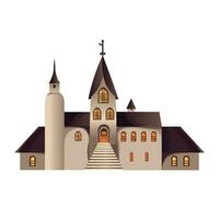 Scary cartoon castle with ligting windows, halloween theme holiday. Vector illustration.