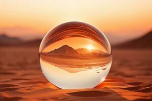 A glass ball in the middle of the desert in the rays of sunset. Close-up, beautiful view photo