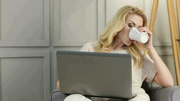 Attractive smiling woman working on laptop video