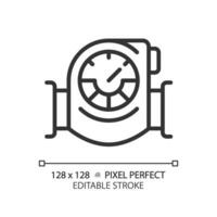 Pressure gauge linear icon. Industrial application. Pressure measure. Pneumatic system. Monitoring equipment. Thin line illustration. Contour symbol. Vector outline drawing. Editable stroke