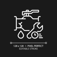 2D pixel perfect editable white pipe leakage with time and wrench icon, isolated vector, thin line illustration representing plumbing. vector