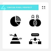 Data presentation black glyph icons set on white space. Charts and diagrams. Marketing report. Business decision. Silhouette symbols. Solid pictogram pack. Vector isolated illustration