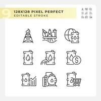 Oil production linear icons set. Energy industry. Crude oil. Oilfield service. Petroleum company. Customizable thin line symbols. Isolated vector outline illustrations. Editable stroke