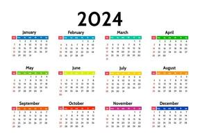 Calendar for 2024 isolated on a white background. Sunday to Monday, business template. Vector illustration