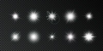 Light effect of lens flares. Set of ten white glowing lights starburst effects with sparkles on a dark background. Vector illustration