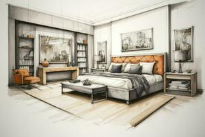 Bedroom interior color line sketch, AI Generated photo