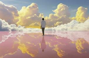 3d render, abstract background man standing in front of pink yellow cloud with reflection in the water. Minimal futuristic seascape photo