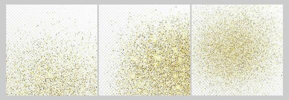 Set of three gold glitter confetti backdrops isolated on white backgrounds. Celebratory texture with shining light effect. Vector illustration.