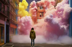3d render, abstract background woman standing in front of pink yellow cloud. Minimal futuristic cityscape photo