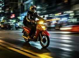 Motorbike drives through night city, AI Generated photo