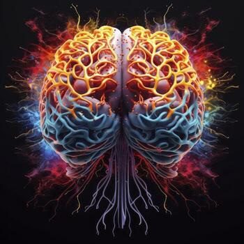 Human brain stimulation or activity with neuron close-up 3D rendering illustration. Neurology, cognition, neuronal network, psychology, neuroscience scientific concepts, AI Generated photo