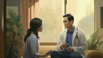 Patient in the doctor office. Doctor consultation. Visit. Modern clinic. Diagnosis. Cartoon illustration. Doctor appointment, AI Generated photo