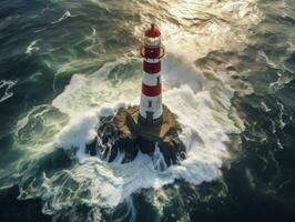 Lighthouse on small island in the sea at sunny day in summer. Aerial top view of beautiful lighthouse on the rock, clear azure water, AI Generated photo