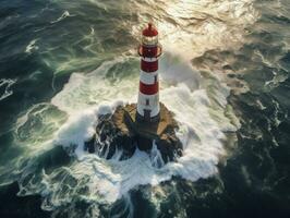 faro en pequeño isla en el mar a soleado día en verano. aéreo parte superior ver de hermosa faro en el roca, claro azur agua, ai generado foto